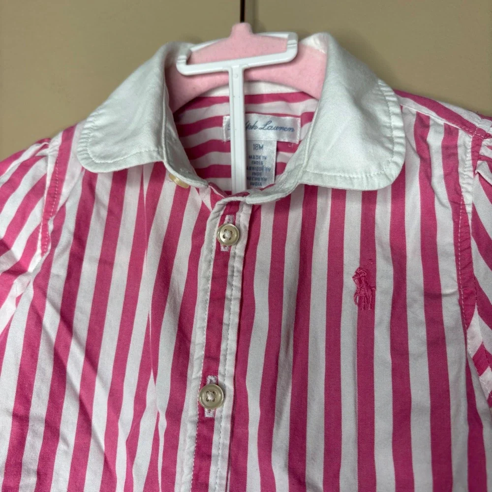 Ralph Lauren Baby Girls Pink White Striped Shirtdress with Bloomers 18M Cotton